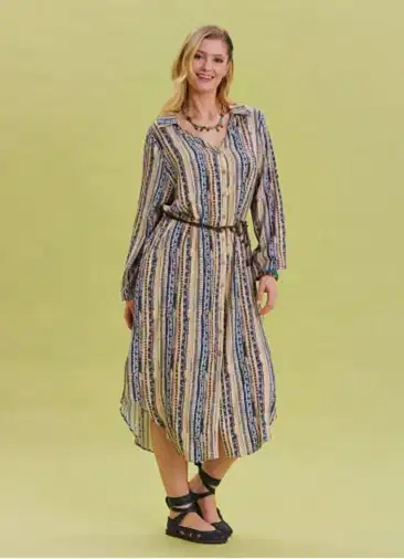 Desenli Gömlek Yaka Kemer Detaylı Bej Uzun Kollu Elbise 6769