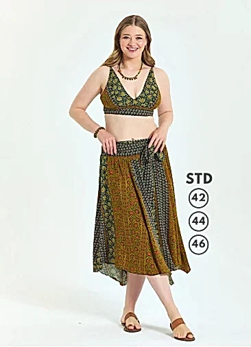 Gipe Detaylı Beli Bağlamalı Yeşil Büyük Beden Etek 6912