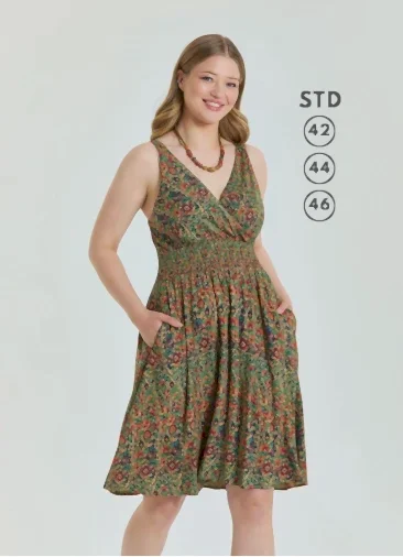 V Yaka Robadan Yeşil Desenli Büyük Beden Elbise 6906