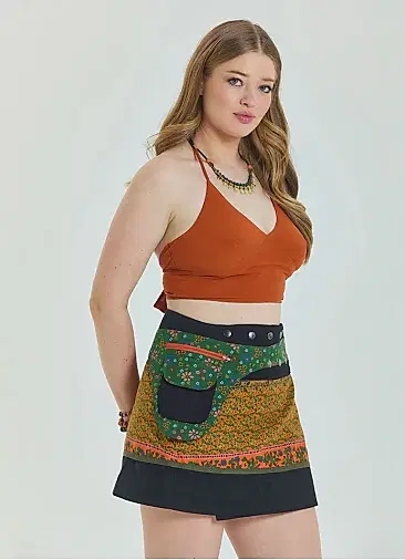 Çıtçıt Kapalamı Cepli Patchwork Anvelop Yeşil Büyük Beden Etek 7008