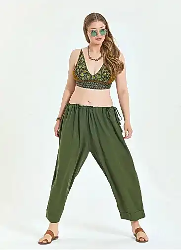 İp Detaylı Beli Ayarlanabilir Haki Kadın Büyük Beden Pantolon 6937