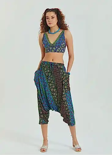 Beli Lastikli Kadın Kapri Lacivert Çiçekli Şalvar 6975