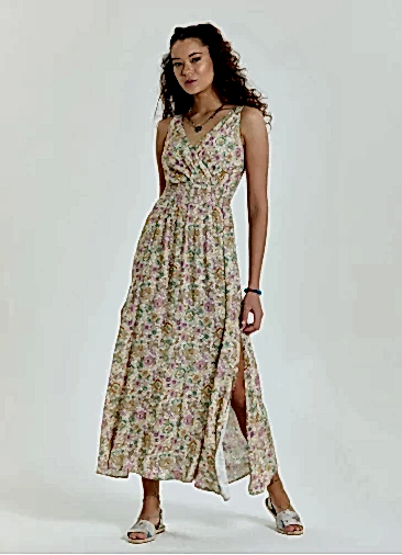 Kruvaze Yaka Robadan Yırtmaçlı Bej Uzun Elbise 6882