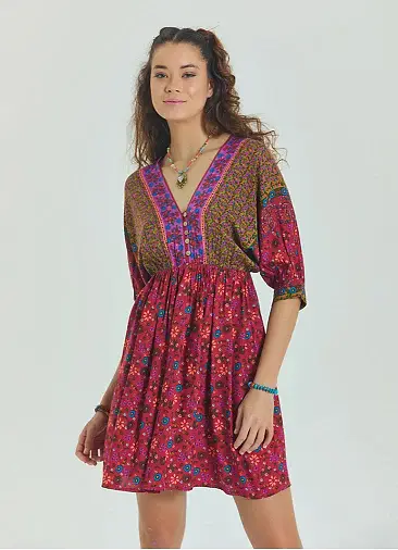 V Yaka Beli Lastikli Sırt Dekolteli Kırmızı Çiçekli Elbise 6883