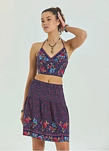 Desenli Sulu Kumaş Beli Lastikli Bohem Mini Etek 6307