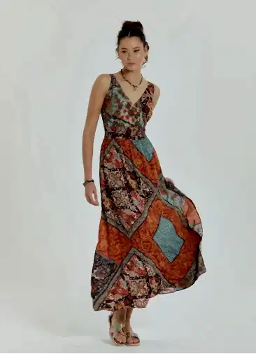 V Yaka Robadan Kahve Desenli Uzun Elbise 6879