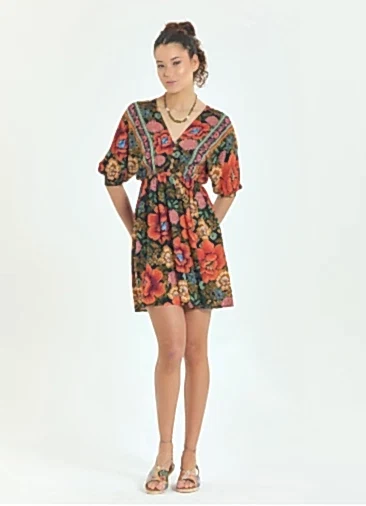 V Yaka Beli Lastikli Sırt Dekolteli Siyah Etnik Elbise 6884