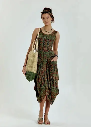 Pera Desenli Kayık Yaka Asimetrik Kesim Elbise 4991