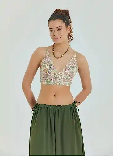 Bağcıklı Sırtı Açık Ayarlanabilir Bej Çiçekli Bluz 6968