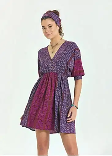 V Yaka Beli Lastikli Sırt Dekolteli Mor Mini Elbise 6885