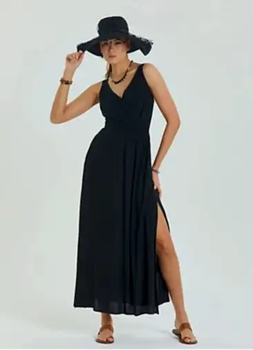 V Yaka Robadan Kruvaze Siyah Uzun Elbise 6880