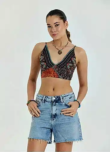 Bağcıklı Sırtı Açık Ayarlanabilir Kahve Crop Bluz 6971