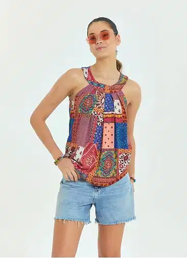 Halter Yaka Düğme Detaylı Pileli Mavi Kolsuz Bluz 6992