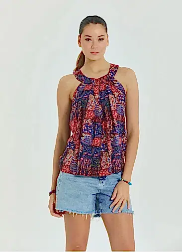 Halter Yaka Düğme Detaylı Pileli Kırmızı Etnik Bluz 6994