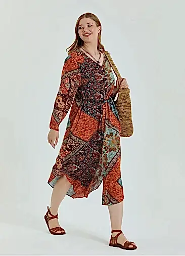 Gömlek Yaka Kemer Detaylı Kahve Büyük Beden Elbise 6945