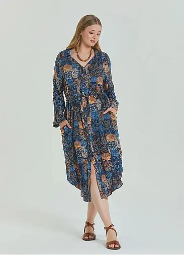 Gömlek Yaka Kemer Detaylı Mavi Büyük Beden Elbise 6946