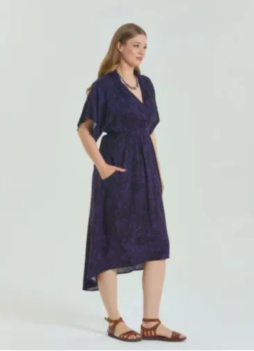 V Yaka Büzgü Detaylı Mor Büyük Beden Elbise 6944