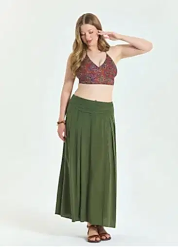 Beli Lastikli Drape Detaylı Haki Büyük Beden Etek 6921