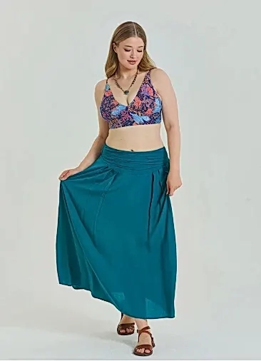 Beli Lastikli Drape Detaylı Petrol Büyük Beden Etek 6920