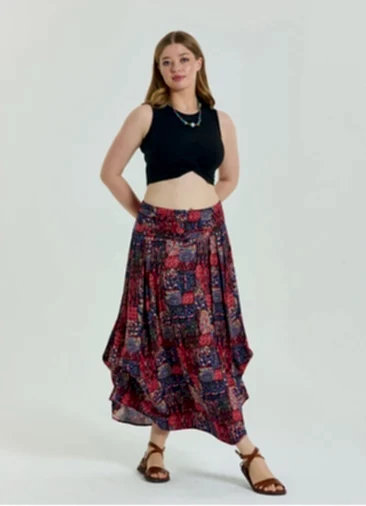 Beli Lastikli Drape Detaylı Kırmızı Desenli Büyük Beden Etek 6922