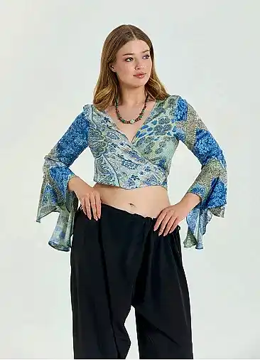 Bağlamalı İspanyol Kol Mavi Büyük Beden Bluz 6940