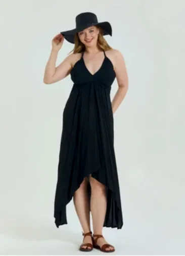 V Yaka Sırtı Açık Boyundan Bağlamalı Siyah Büyük Beden Elbise 7001