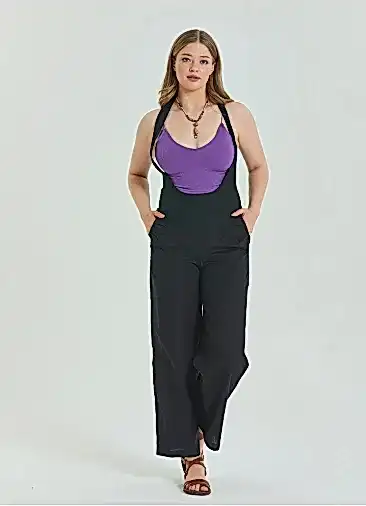 Fermuar Detaylı Cepli Siyah Kadın Bohem Tulum 6989