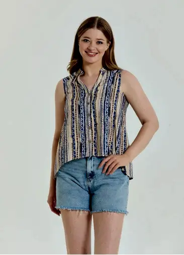 Gömlek Yaka Asimetrik Kesim Bej Etnik Bluz 6873