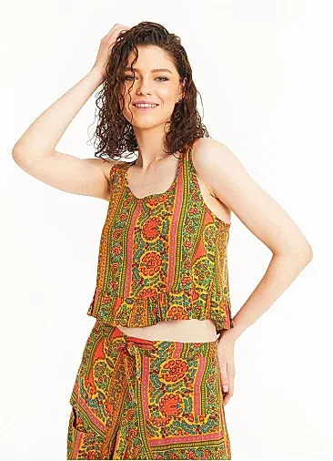 Bohem Tarz Kalın Askılı Turuncu Desenli Crop Bluz 5334