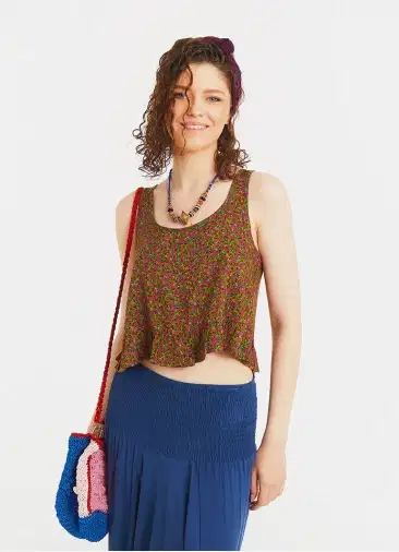 Bohem Tarz Kalın Askılı Yeşil Çiçekli Crop Bluz 5335