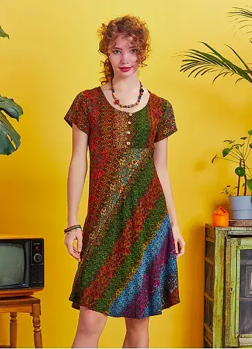 Önü Düğmeli Patchwork Kısa Kol Bohem Elbise 5232