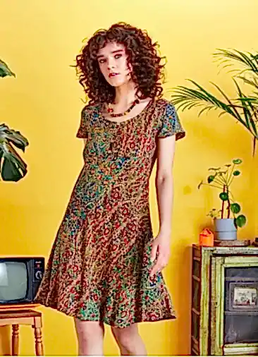 Önü Düğmeli Patchwork Kısa Kol Otantik Elbise 5234