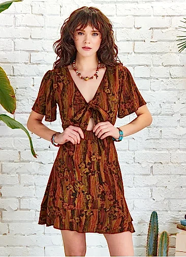 Pencere Detay Bağlamalı V Yaka Etnik Mini Elbise 5220