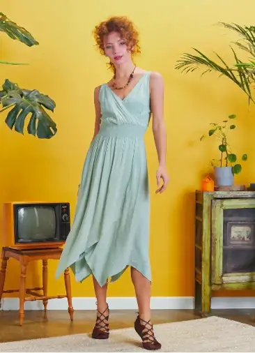 Kruvaze Yaka Etek Katlı Bohem Açık Çağla Şık Elbise 5144