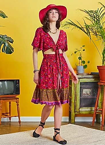 Cut Out Sırt Önden Bağlamalı Kırmızı Çiçekli Elbise 5263