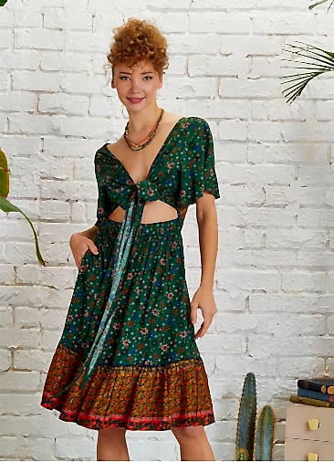 Cut Out Sırt Önden Bağlamalı Yeşil Çiçekli Elbise 5262