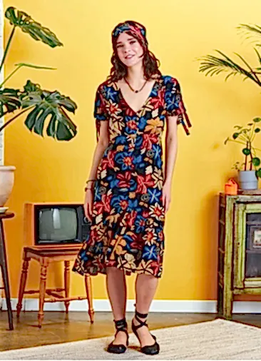 Bohem Siyah Çiçek Desenli Bohem Elbise 5281