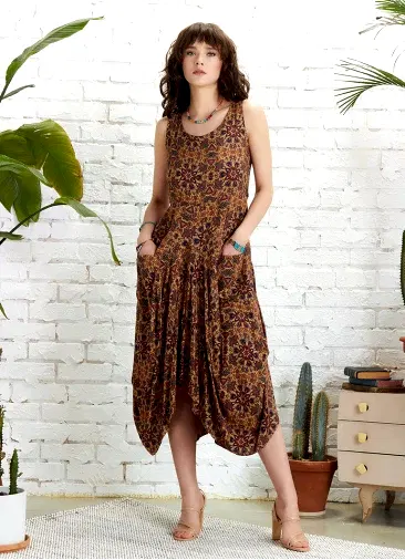 Mor Desenli Kayık Yaka Asimetrik Kesim Elbise 5152