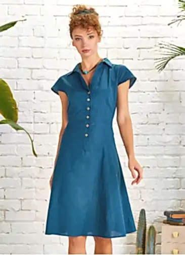 Gömlek Yaka Ön Düğmeli Kısa Kollu Kloş Petrol Elbise 5125