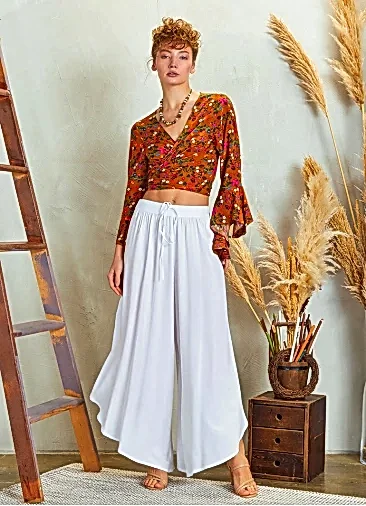 Paçası Detaylı Beli Lastikli Beyaz Bol Paça Pantolon 5172