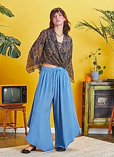 Paçası Detaylı Beli Lastikli Mavi Bol Paça Pantolon 5173