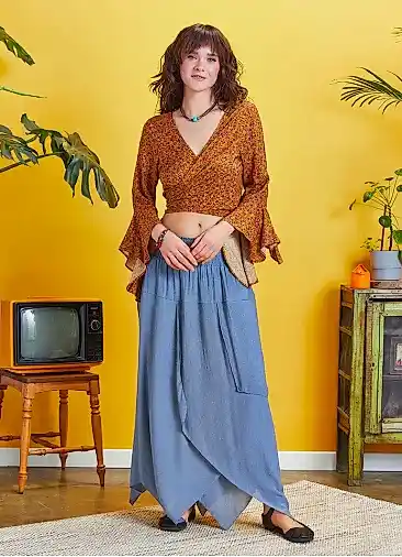 Bohem Tarz Katlı Salaş Beli Lastikli Mavi Uzun Etek 5223