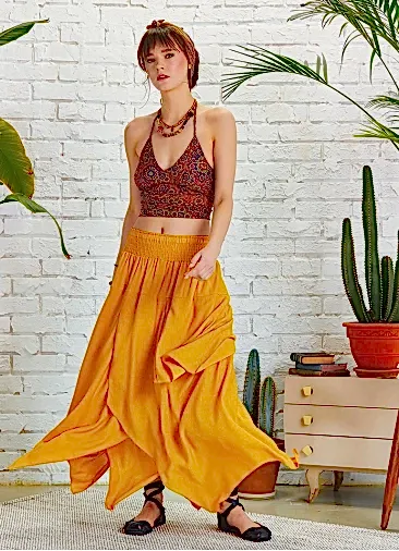 Bohem Tarz Katlı Salaş Beli Lastikli Sarı Uzun Etek 5222