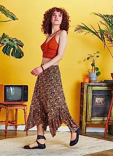 Beli Lastikli Bohem Tarz Çiçekli Volanlı Etek 5158