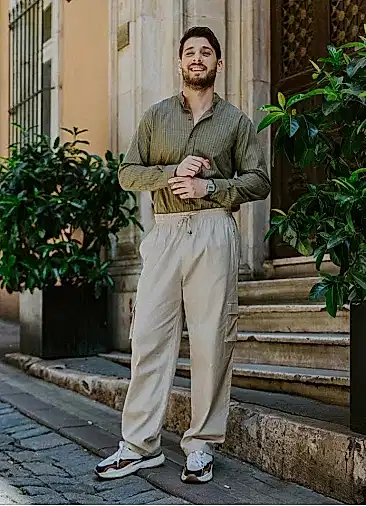 Beli Lastikli Cepli Rahat Kesim Krem Erkek Pantolon 2925