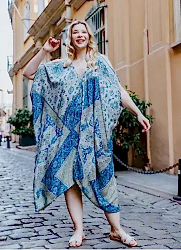 Mavi Desenli Kayık Yaka Büyük Beden Elbise 6534