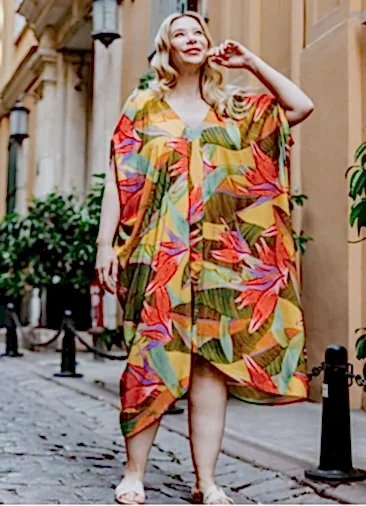 Sarı Desenli Kayık Yaka Büyük Beden Elbise 6550