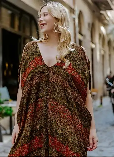 Hardal Desenli Kayık Yaka Büyük Beden Elbise 6537