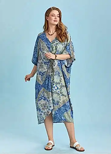 V Yaka Önü Düğümlü Mavi Yarasa Kol Büyük Beden Elbise 6493