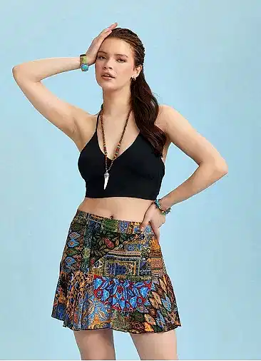 Siyah Desenli Volanlı Mini Şort Etek 6368